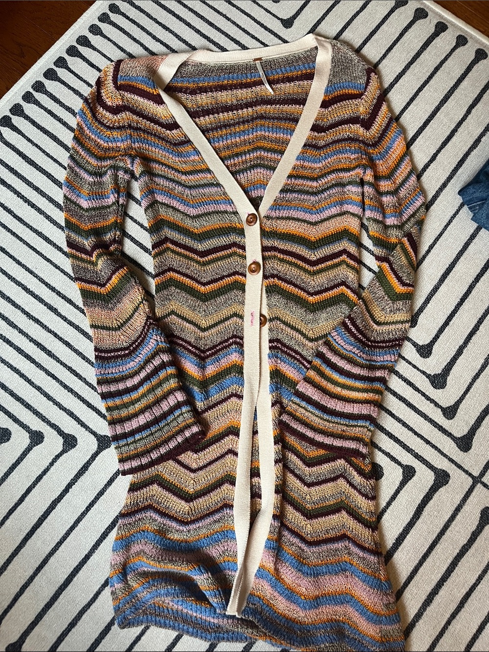 Free People Multicolor Chevron Knit Cardigan with Cream Trim